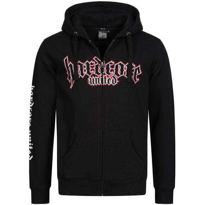 Hardcore United hooded zipper goth logo print red outline | black
