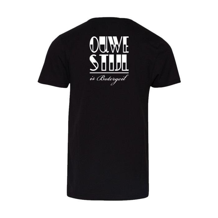 Ouwe Stijl is Botergeil T-shirt zwart / wit logo print op rug