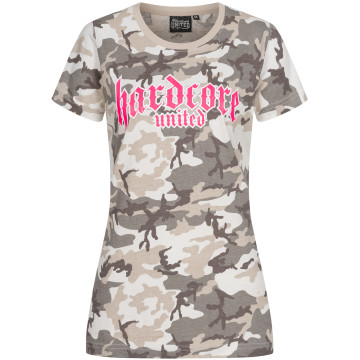 Hardcore United ladies T-shirt pink goth logo print | camo gray